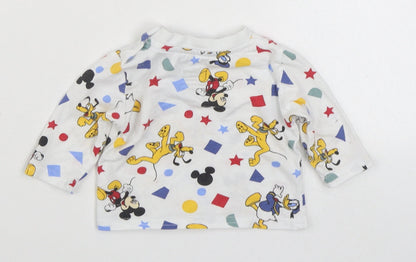 Prinark  White Geometric 100% Cotton Basic T-Shirt Size 0-3 Months Round Neck Button - Mickey & Friends