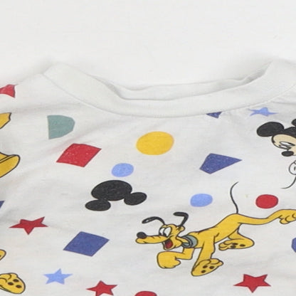 Prinark  White Geometric 100% Cotton Basic T-Shirt Size 0-3 Months Round Neck Button - Mickey & Friends