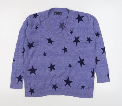 Marks and Spencer Womens Blue V-Neck Geometric 100% Cotton Pullover Jumper Size S