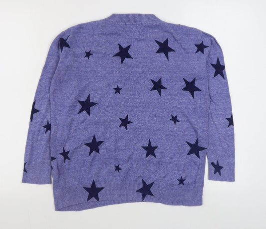 Marks and Spencer Womens Blue V-Neck Geometric 100% Cotton Pullover Jumper Size S