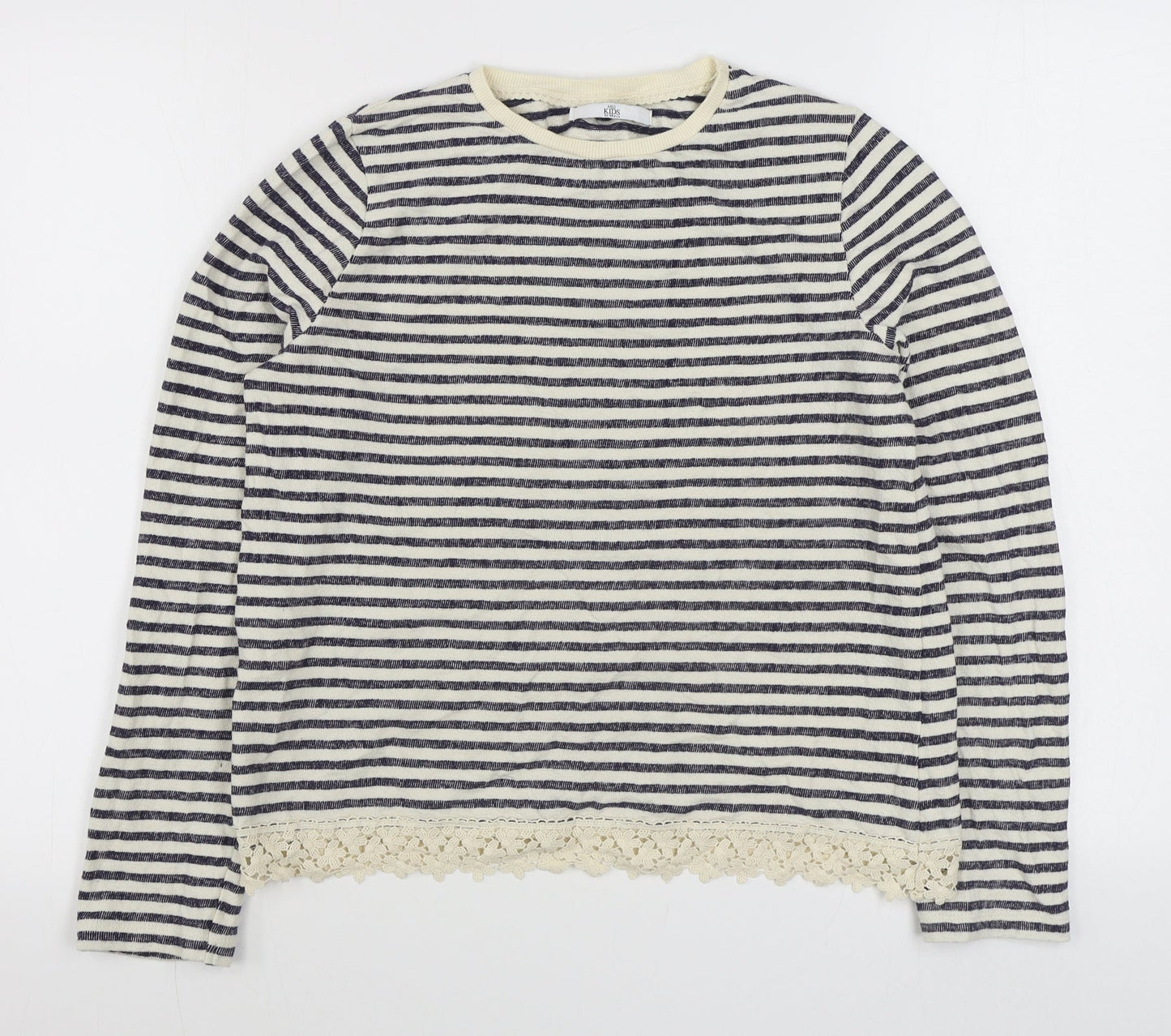 Marks and Spencer Girls Blue Round Neck Striped Cotton Pullover Jumper Size 13-14 Years  Pullover