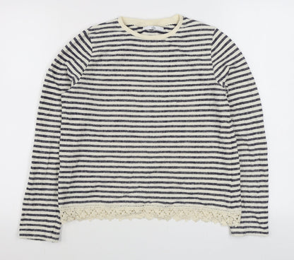 Marks and Spencer Girls Blue Round Neck Striped Cotton Pullover Jumper Size 13-14 Years  Pullover