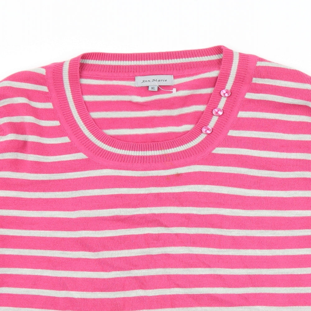 Ann Marie Mens Pink Round Neck Striped Acrylic Pullover Jumper Size XL