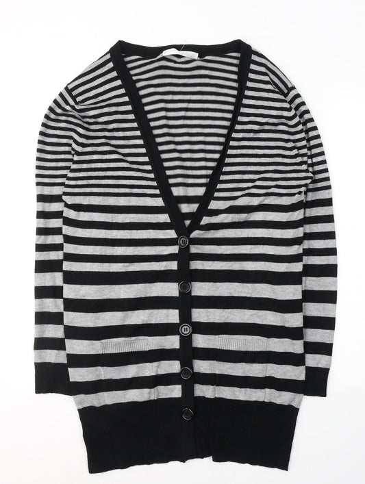 AMARANTO Womens Black V-Neck Striped Viscose Cardigan Jumper Size 16