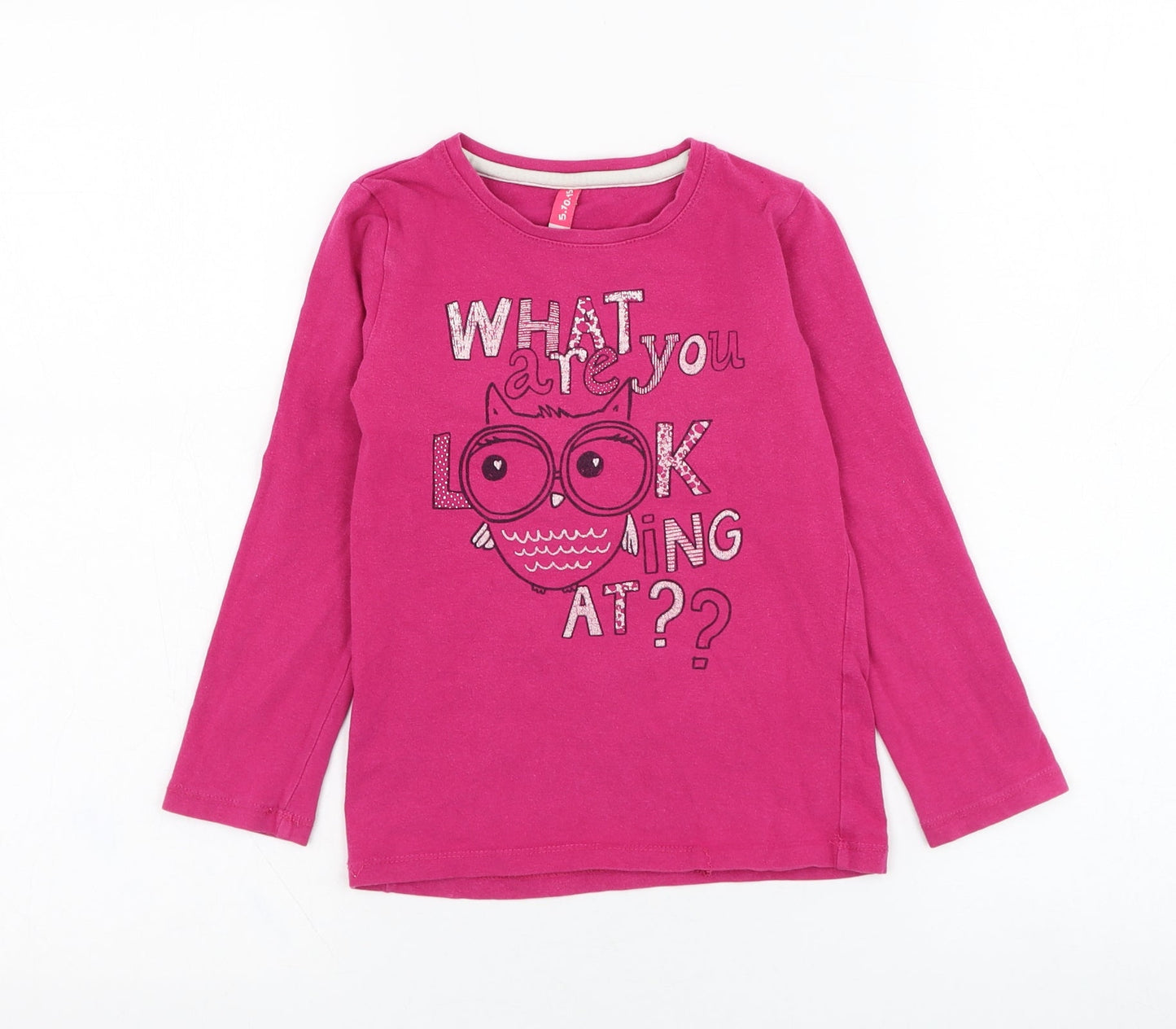 Preworn Girls Pink  Polyester Basic T-Shirt Size 5-6 Years Round Neck Pullover - Owl
