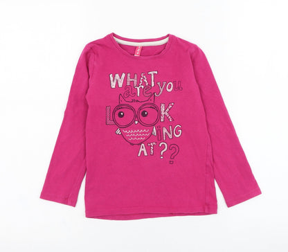 Preworn Girls Pink  Polyester Basic T-Shirt Size 5-6 Years Round Neck Pullover - Owl