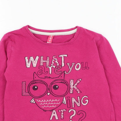 Preworn Girls Pink  Polyester Basic T-Shirt Size 5-6 Years Round Neck Pullover - Owl