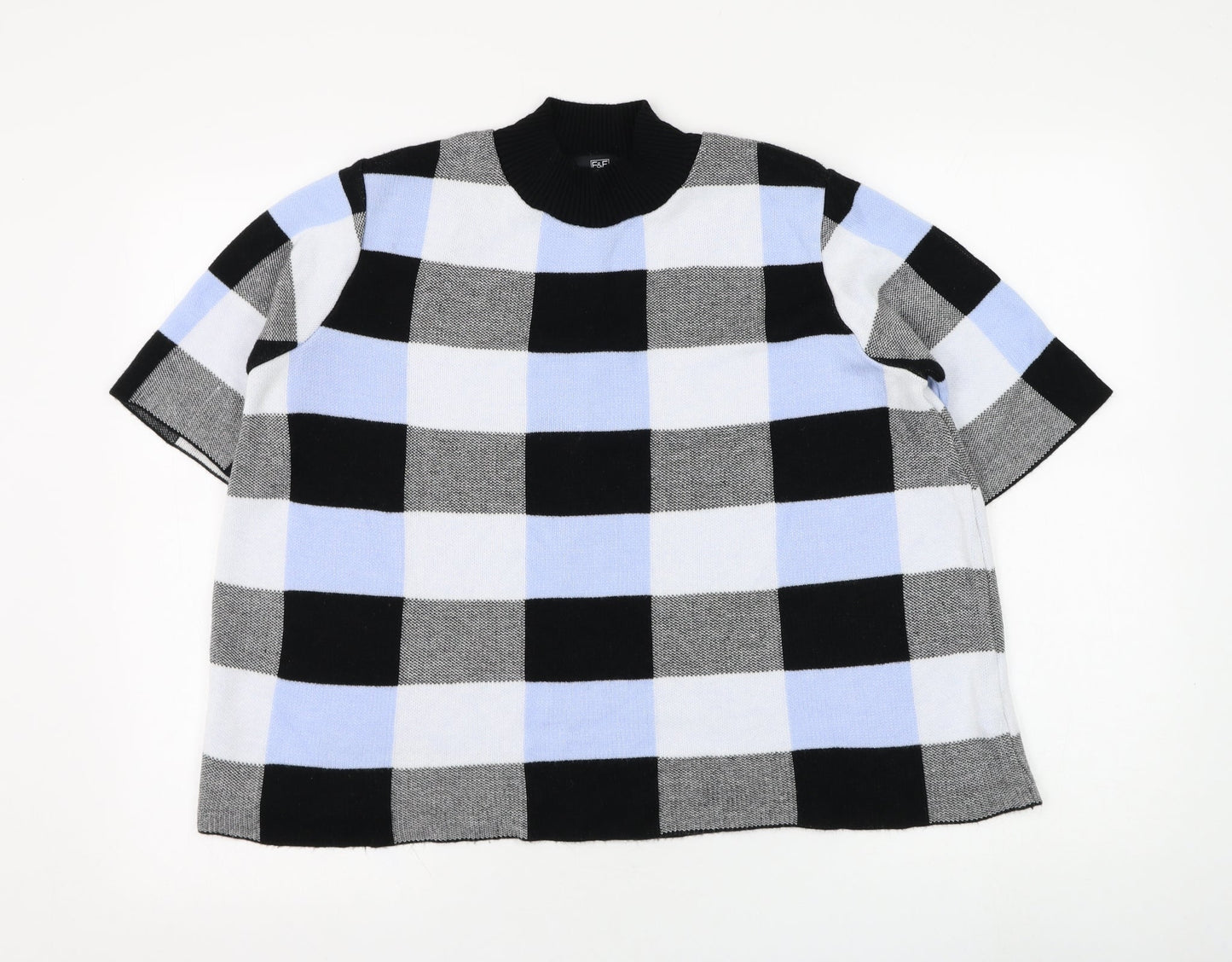 F&F Womens Blue Mock Neck Check Acrylic Pullover Jumper Size 18
