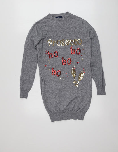 Seasons Greetings Womens Grey Round Neck Geometric Viscose Pullover Jumper Size 8   - Santa Jumper