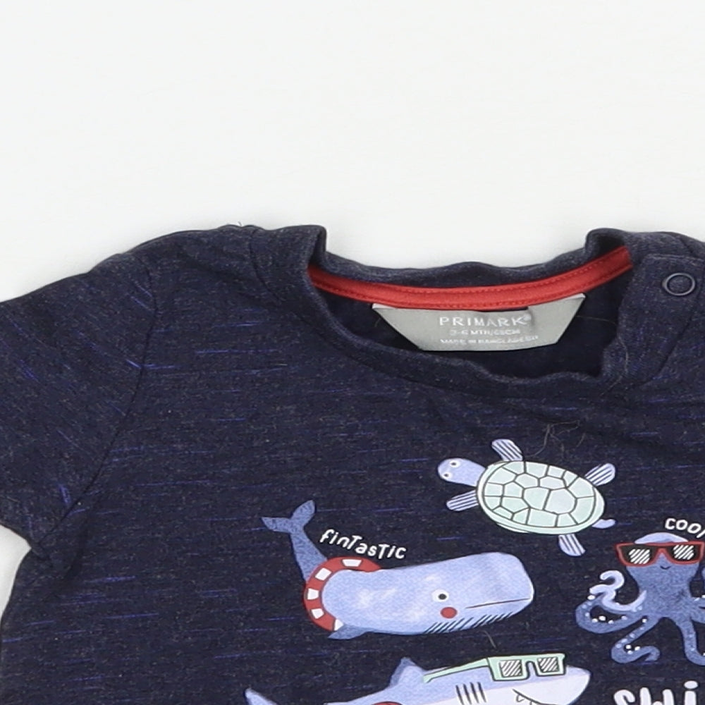 Primark Baby Blue  Cotton Pullover T-Shirt Size 3-6 Months Crew Neck Snap - Swim Crew