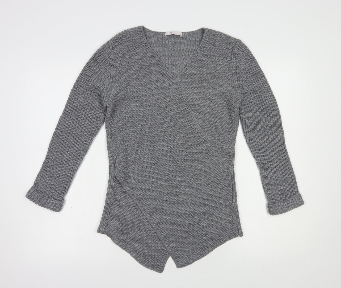 TU Womens Grey V-Neck  Acrylic Pullover Jumper Size 12