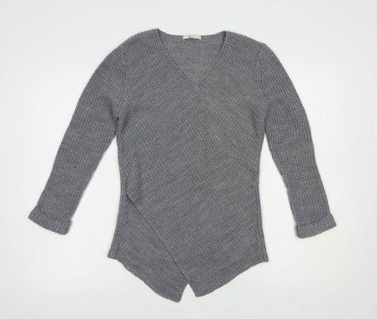 TU Womens Grey V-Neck  Acrylic Pullover Jumper Size 12