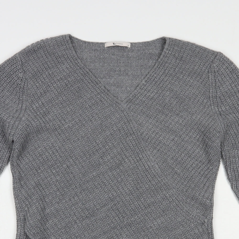 TU Womens Grey V-Neck  Acrylic Pullover Jumper Size 12
