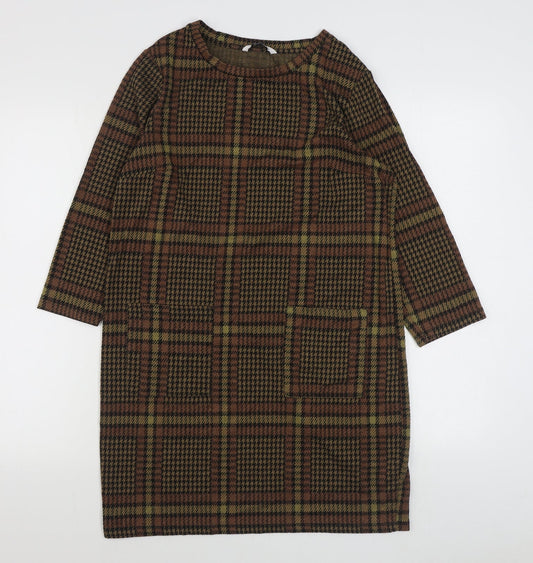 TU Womens Brown Plaid Polyester A-Line  Size 12  Scoop Neck Pullover