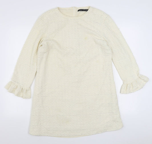 Zara Womens Ivory  Polyester Sheath  Size L  Round Neck Zip