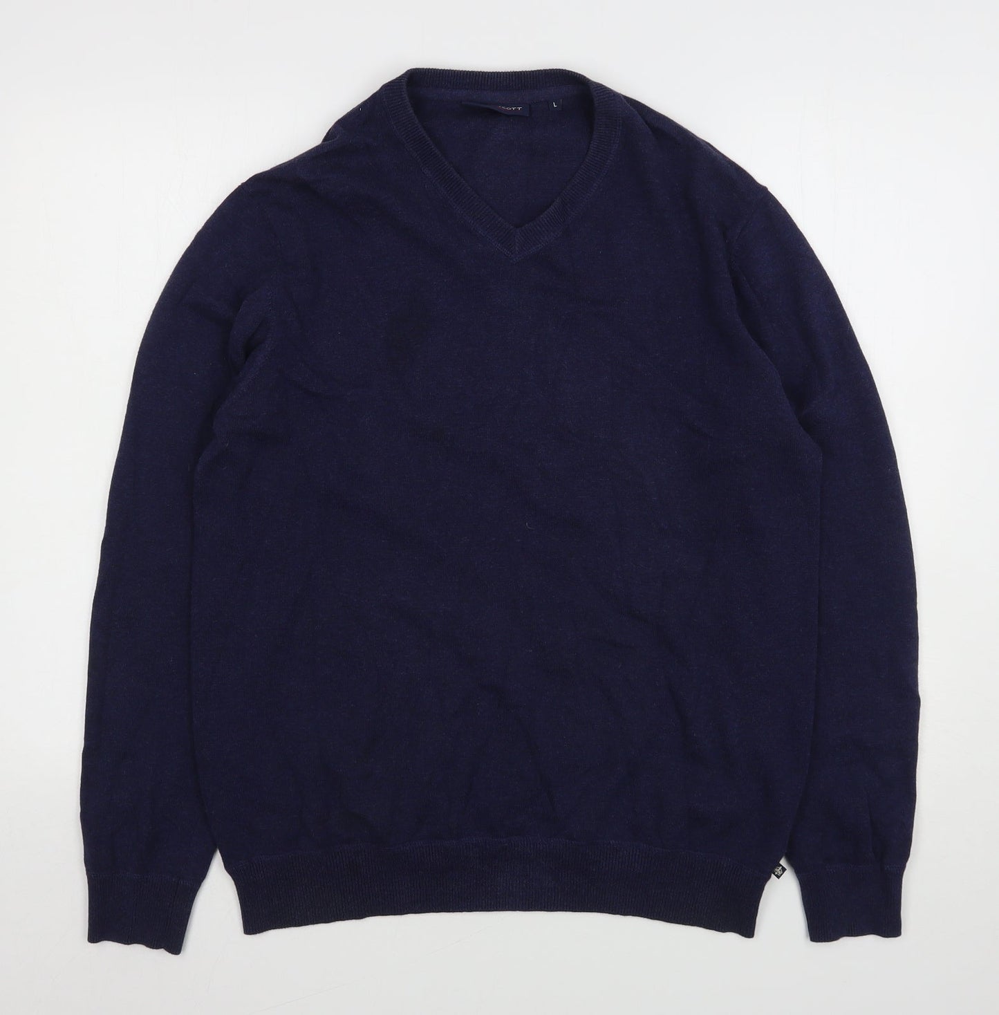 J.T. Ascott Mens Blue V-Neck  Cotton Pullover Jumper Size L