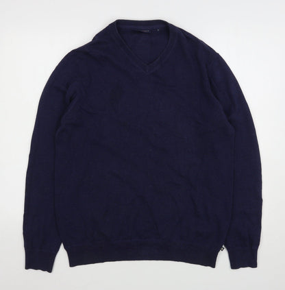 J.T. Ascott Mens Blue V-Neck  Cotton Pullover Jumper Size L