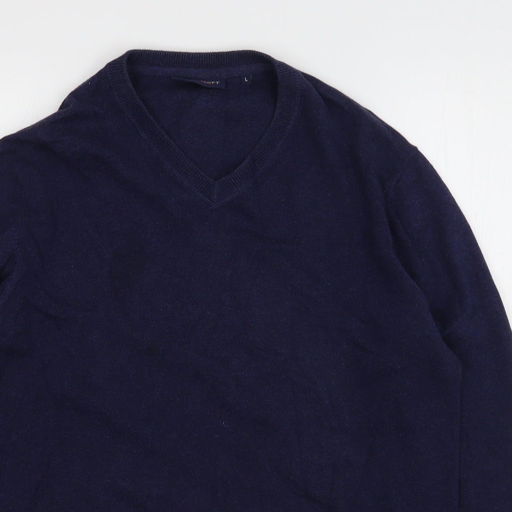 J.T. Ascott Mens Blue V-Neck  Cotton Pullover Jumper Size L
