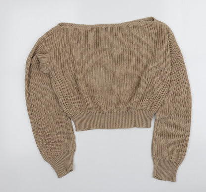 Boohoo Womens Beige Square Neck  Acrylic Pullover Jumper Size M