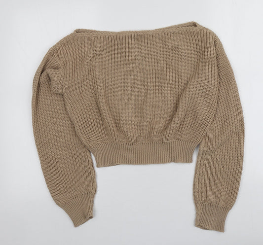 Boohoo Womens Beige Square Neck  Acrylic Pullover Jumper Size M