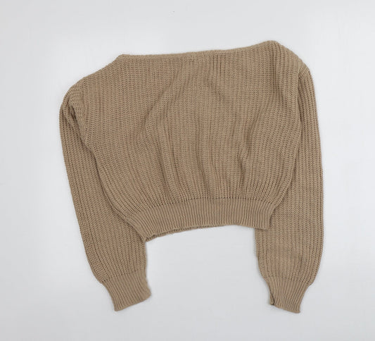 Boohoo Womens Beige Square Neck  Acrylic Pullover Jumper Size M