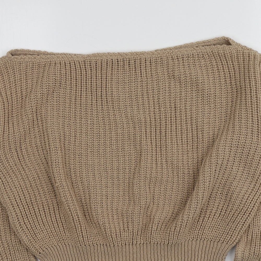 Boohoo Womens Beige Square Neck  Acrylic Pullover Jumper Size M