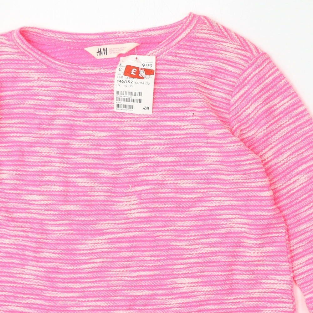 H&M Girls Pink Round Neck Striped Polyester Pullover Jumper Size 10-11 Years