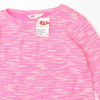 H&M Girls Pink Round Neck Striped Polyester Pullover Jumper Size 10-11 Years