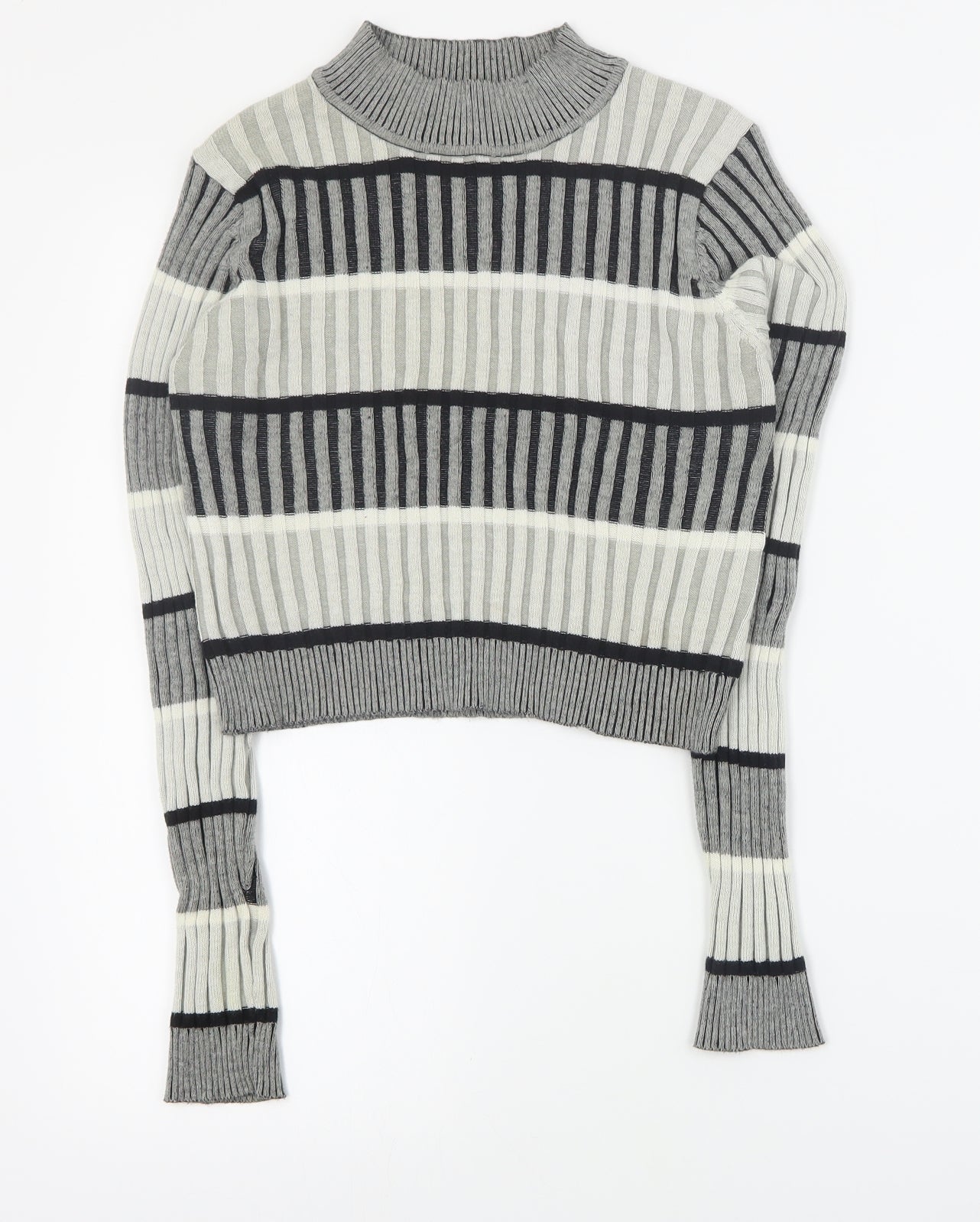 Select Womens Grey High Neck Striped Cotton Pullover Jumper Size 12