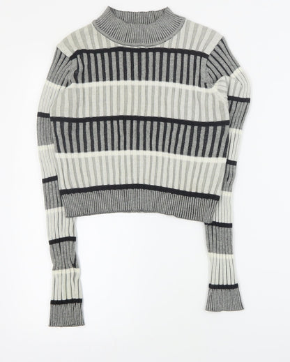 Select Womens Grey High Neck Striped Cotton Pullover Jumper Size 12