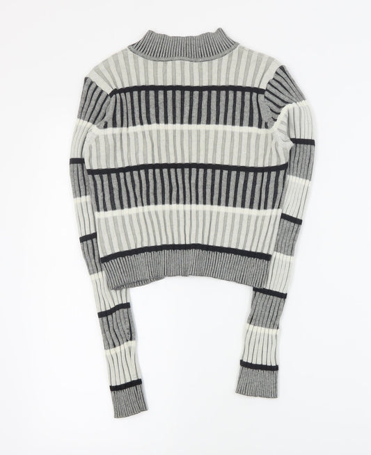 Select Womens Grey High Neck Striped Cotton Pullover Jumper Size 12