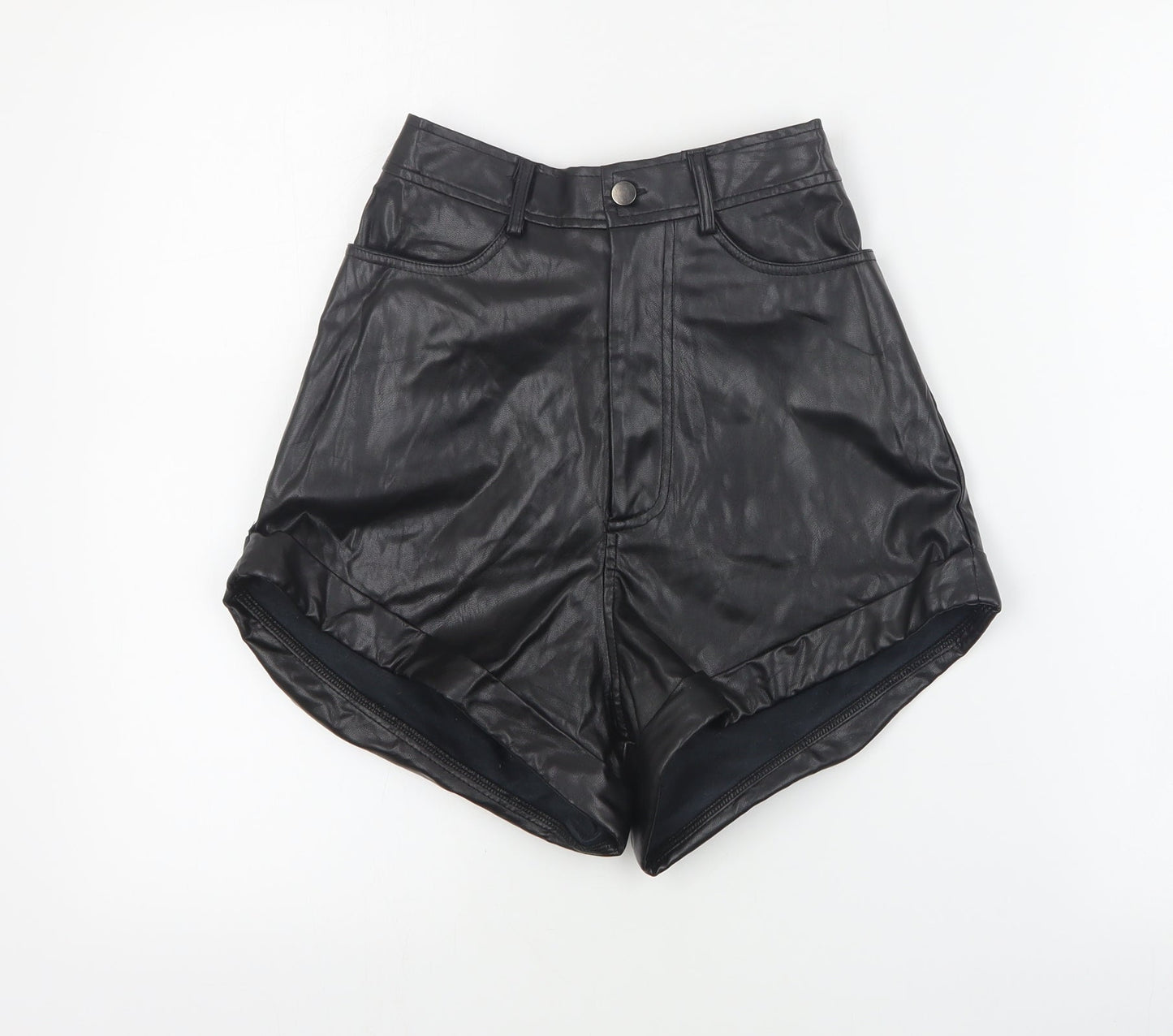 PRETTYLITTLETHING Womens Black  Polyurethane Hot Pants Shorts Size 6 L5 in Regular Button