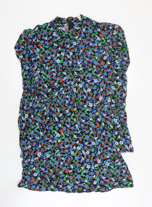 Topshop Womens Black Floral Viscose A-Line  Size 8  High Neck Zip