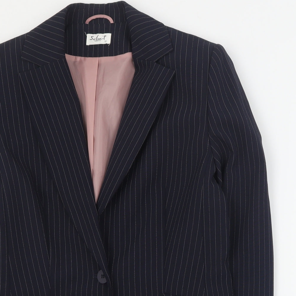 Select Womens Blue Striped Polyester Jacket Blazer Size 12
