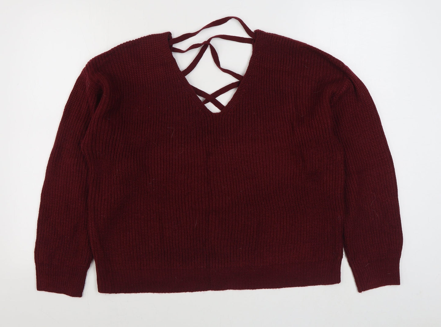 SheIn Womens Red V-Neck  Acrylic Pullover Jumper Size 12