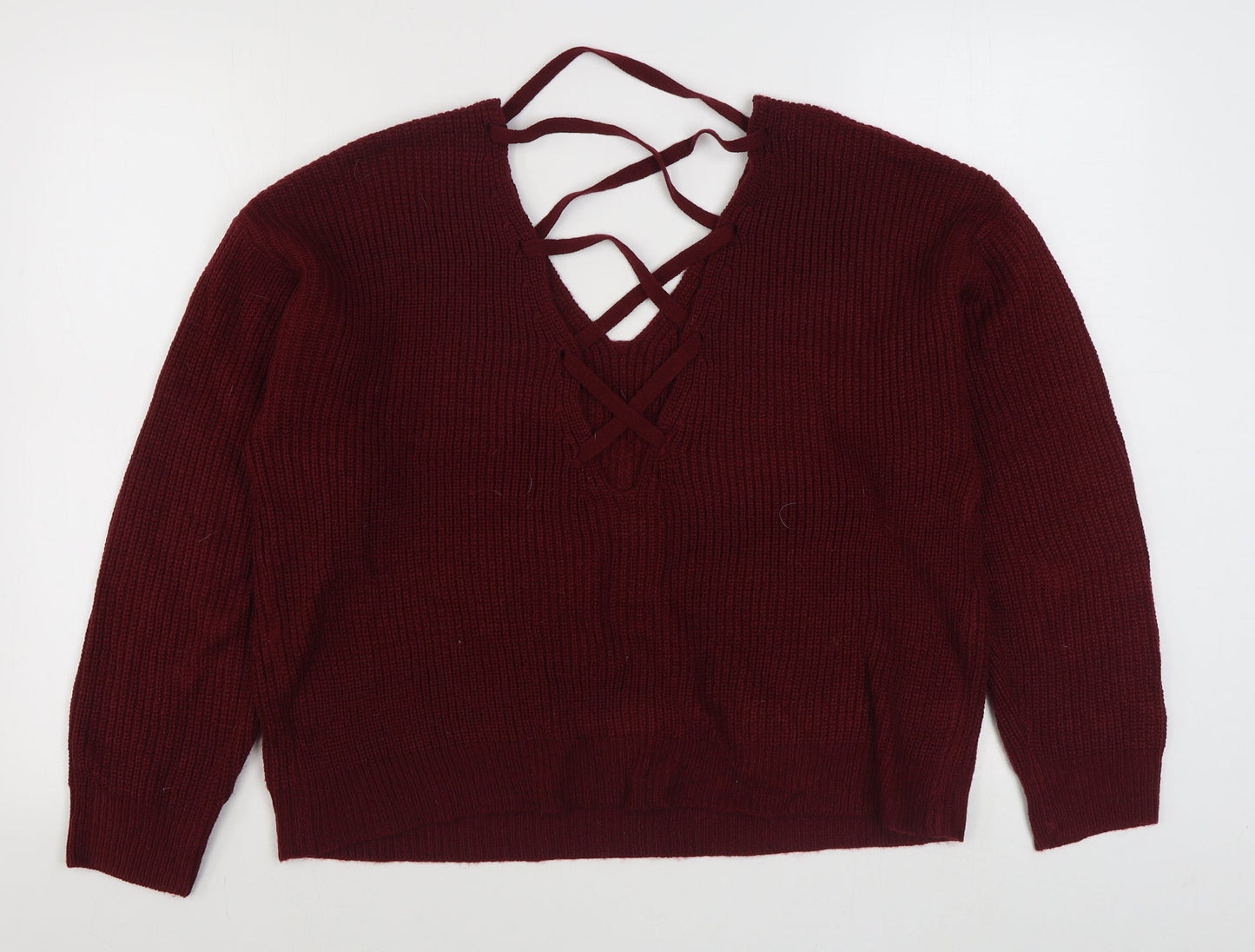 SheIn Womens Red V-Neck  Acrylic Pullover Jumper Size 12