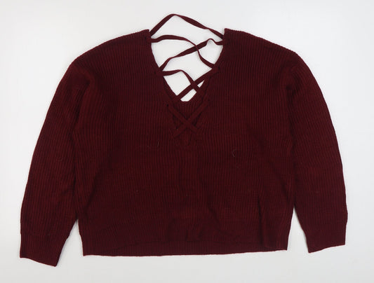 SheIn Womens Red V-Neck  Acrylic Pullover Jumper Size 12