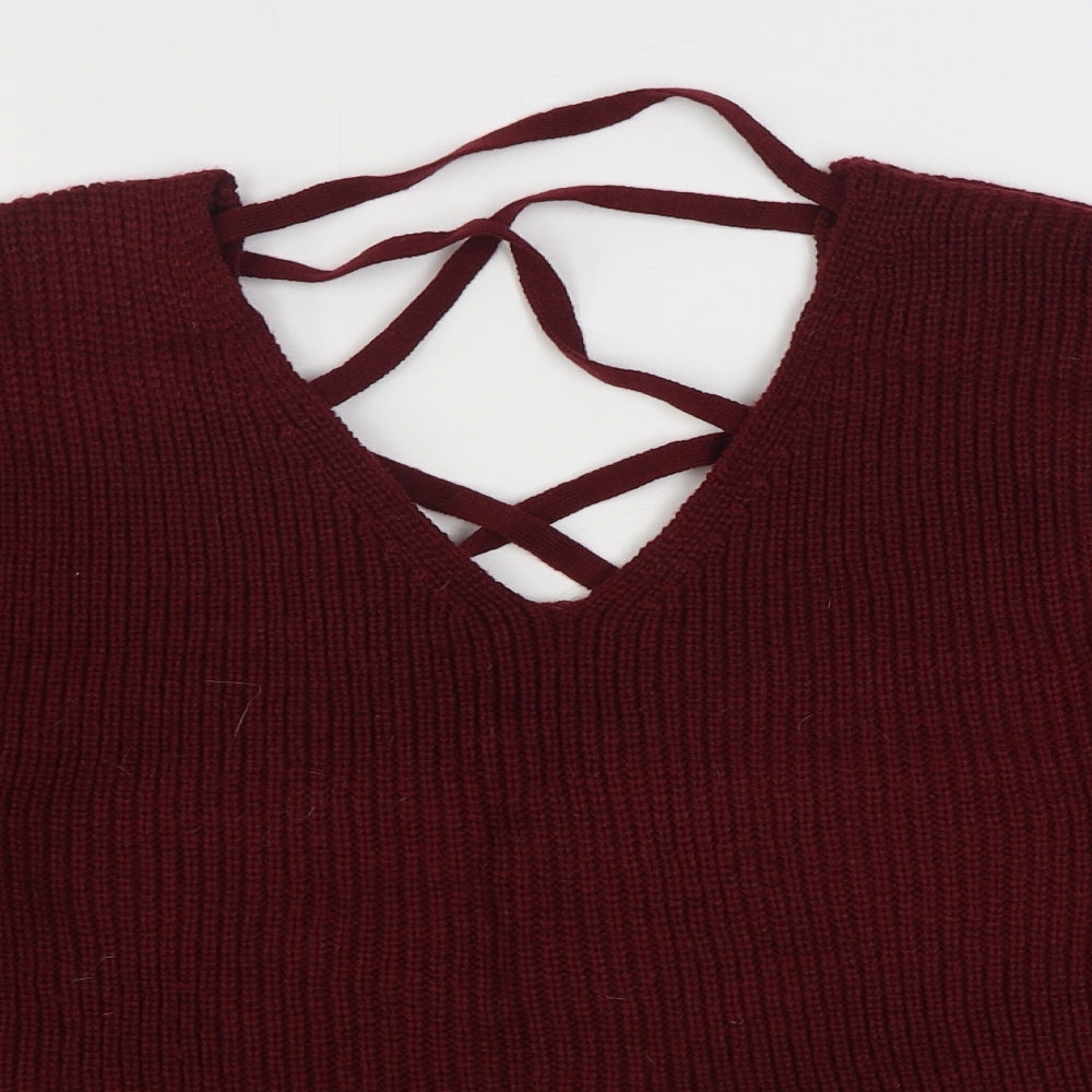 SheIn Womens Red V-Neck  Acrylic Pullover Jumper Size 12