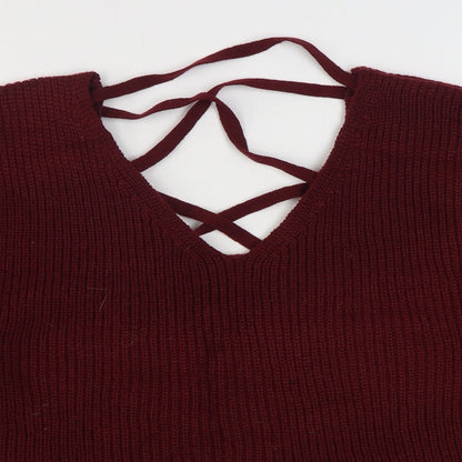 SheIn Womens Red V-Neck  Acrylic Pullover Jumper Size 12