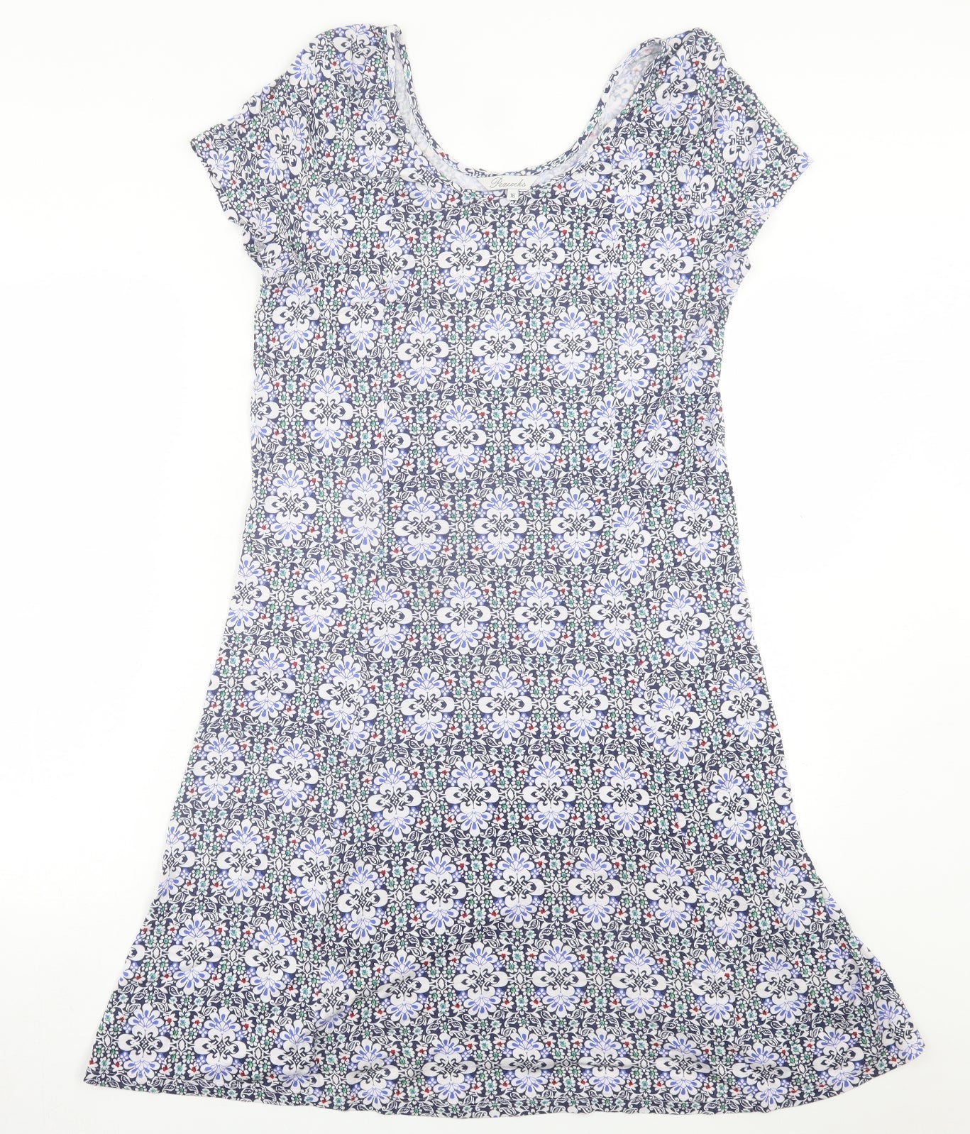 Peacocks Womens Blue Floral Viscose Fit & Flare  Size 16  Scoop Neck Pullover