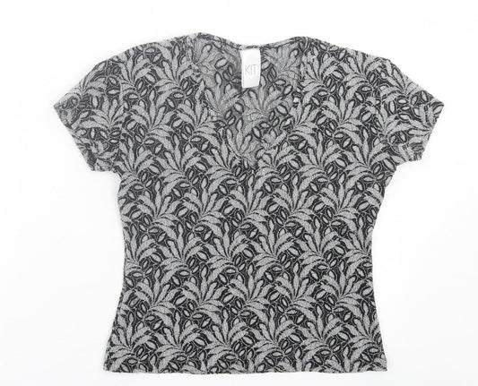 Kit Womens Black Floral Polyamide Cropped T-Shirt Size 12 V-Neck