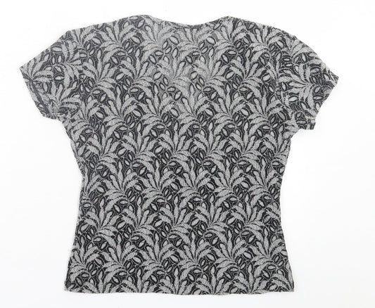 Kit Womens Black Floral Polyamide Cropped T-Shirt Size 12 V-Neck