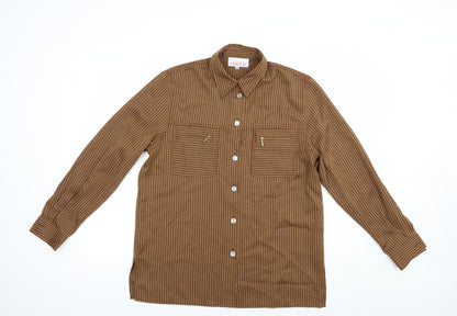 Starstyle Womens Brown Striped Polyester Basic Button-Up Size 10 Collared