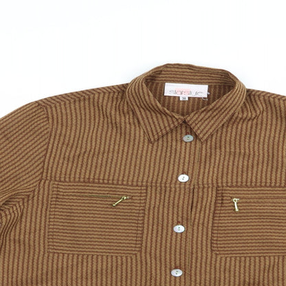 Starstyle Womens Brown Striped Polyester Basic Button-Up Size 10 Collared