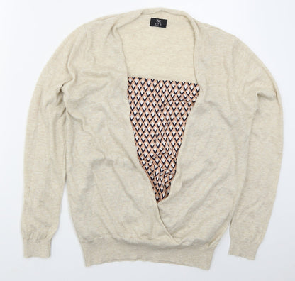 F&F Womens Beige V-Neck Geometric Polyester Pullover Jumper Size 12