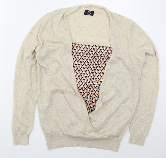 F&F Womens Beige V-Neck Geometric Polyester Pullover Jumper Size 12