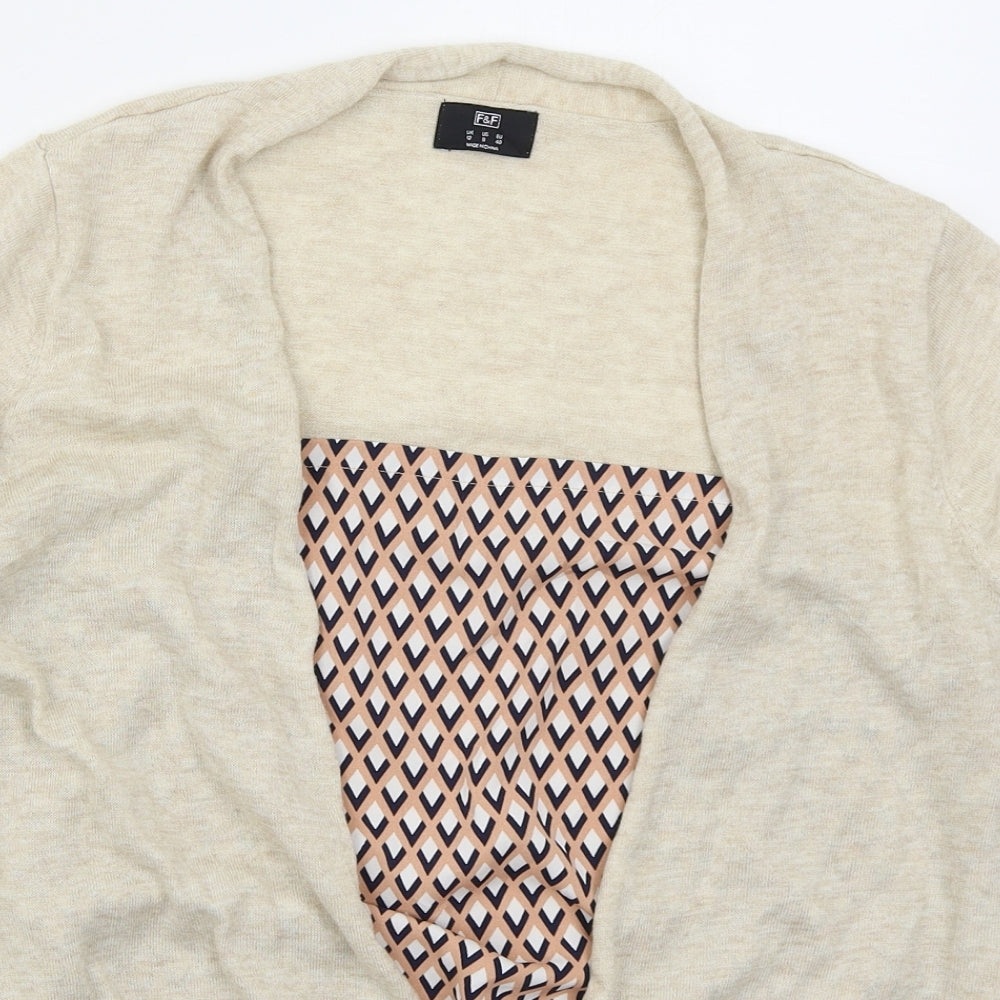 F&F Womens Beige V-Neck Geometric Polyester Pullover Jumper Size 12