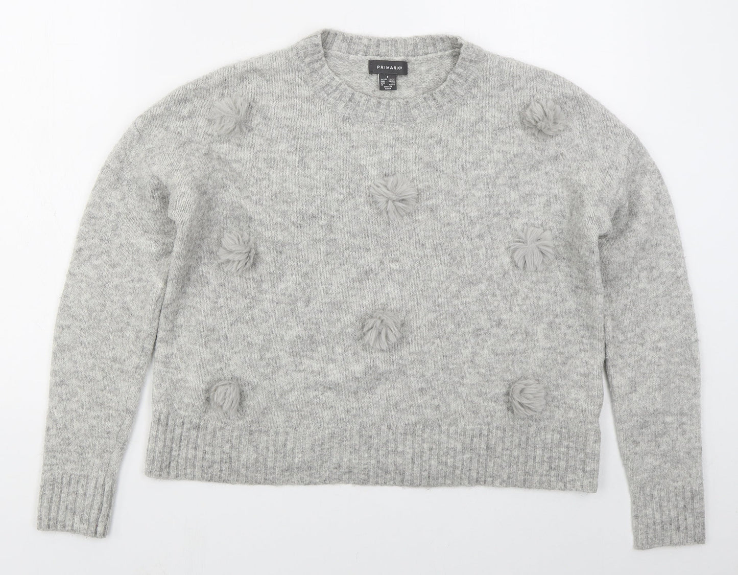 Primark Womens Grey Crew Neck  Acrylic Pullover Jumper Size 10   - Pom Pom