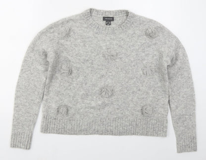 Primark Womens Grey Crew Neck  Acrylic Pullover Jumper Size 10   - Pom Pom