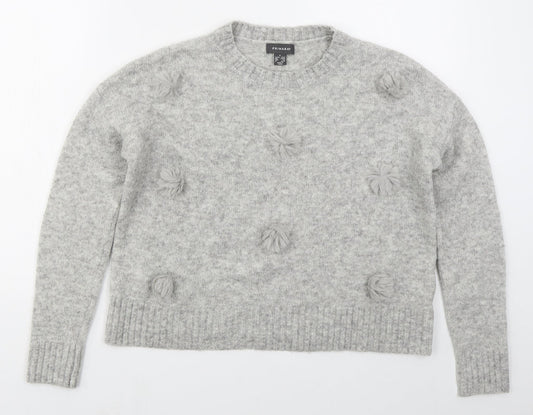 Primark Womens Grey Crew Neck  Acrylic Pullover Jumper Size 10   - Pom Pom